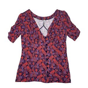 Free People Women’s Medium Red Purple Floral V-Neck Stretch Knit Top Blouse